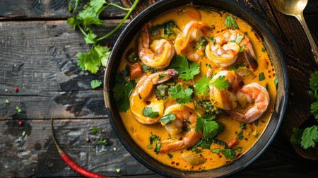 Seafood curry with coconut milk, shrimp, and fish, garnished with fresh herbsの素材