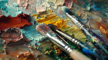 Close-up of a paint palette with various colors and brushes, artistic tools in a studioの素材