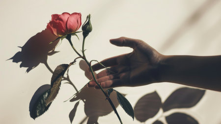 Shadow of a hand reaching out to touch a flower, delicate and gentleの素材