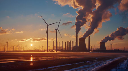 Wind turbines in action at a wind farm, with a power plant in the background, showcasing a mix of renewable and traditional energyの素材