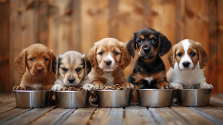 Puppies eagerly waiting by their food bowls, ready for mealtimeの素材