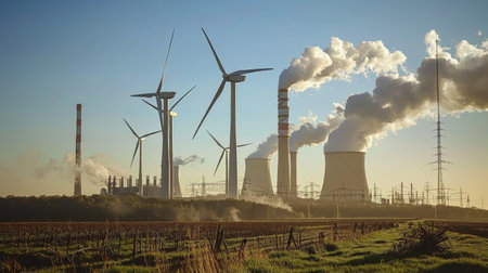 Wind turbines in action at a wind farm, with a power plant in the background, showcasing a mix of renewable and traditional energyの素材