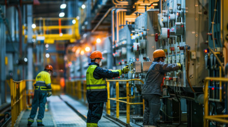 Workers in safety gear performing maintenance on electrical equipment inside a power plant, highlighting industrial safetyの素材