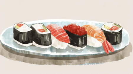 Seafood sushi rolls with seaweed, rice, and assorted fish, arranged on a plateの素材