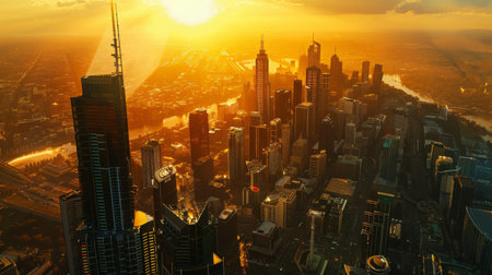 Long shadows of skyscrapers at sunrise, stretching across a cityscapeの素材