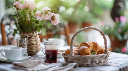 A breakfast table set with a basket of croissants, jam, and freshly brewed coffee, inviting and cozy.の素材