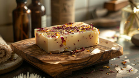 A bar of glycerin soap with embedded flower petals, placed on a wooden soap dish in a bathroom.の素材