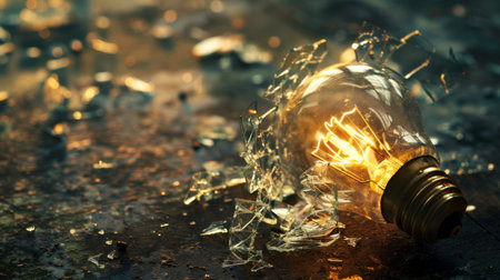 A broken light bulb on a table, with glass shards scattered around, representing fragility.の素材