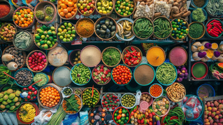 A bustling Thai market stall with a variety of colorful fruits, vegetables, and spices on display.の素材