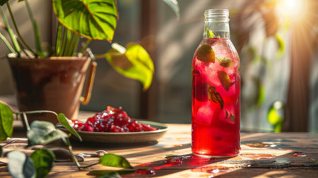 A bottle of cold brewed roselle tea, a vibrant red Thai herbal drink, served in a clear glass. aの素材