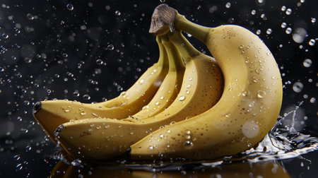 A bunch of bananas with water droplets, adding a refreshing touch to tropical fruit.の素材