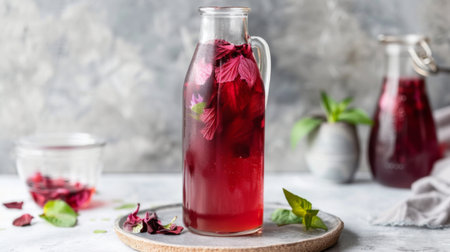 A bottle of cold brewed roselle tea, a vibrant red Thai herbal drink, served in a clear glass. aの素材