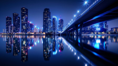 A cityscape with skyscrapers and bridge lights reflected in calm water at night.の素材