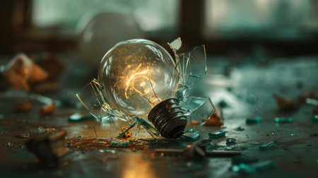 A broken light bulb on a table, with glass shards scattered around, representing fragility.の素材