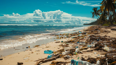 A beach littered with plastic waste and garbage, emphasizing environmental pollution linked to climate change.の素材