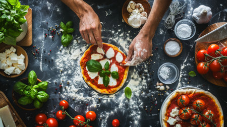 A chef preparing a margherita pizza, spreading tomato sauce over the dough and adding fresh mozzarella cheese and basil leaves.の素材