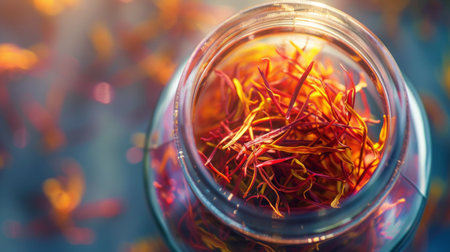 A close-up of a jar of saffron threads, known for their vibrant color and delicate aroma.の素材