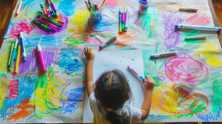 A child drawing with vibrant markers on a large sketchpad, surrounded by art supplies.の素材