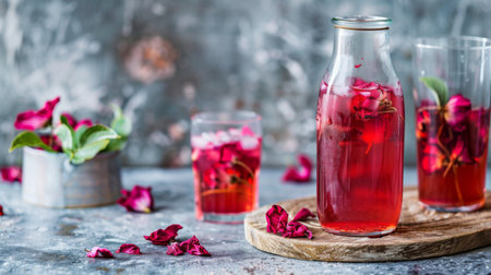 A bottle of cold brewed roselle tea, a vibrant red Thai herbal drink, served in a clear glass. aの素材