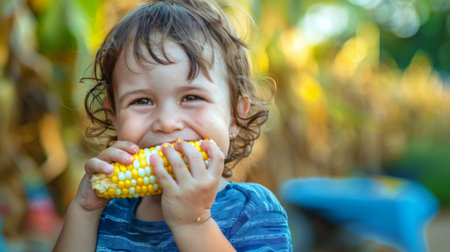 A child holding and eating a piece of corn on the cob at a summer fair, with a big smile on their face.の素材