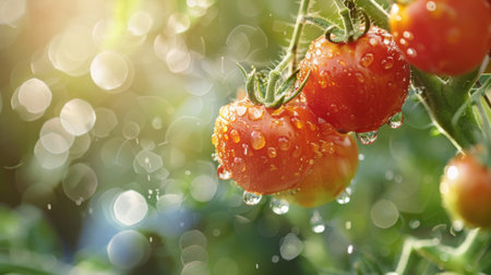 A close-up of ripe red tomatoes on the vine, glistening with water droplets in the sunlight.の素材