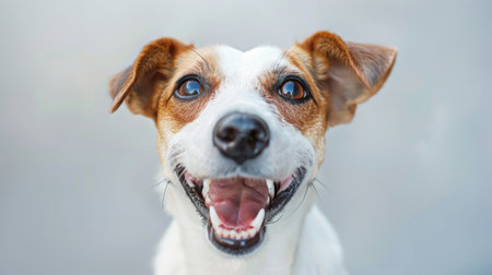 A close-up of a dog's face with a happy, open-mouthed smile, showing its excitement and friendlinessの素材