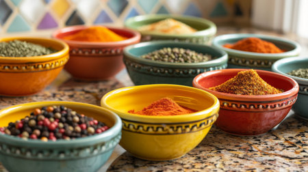 A collection of assorted spices in colorful bowls on a kitchen counter, showcasing their vibrant colors and textures.の素材