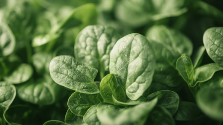 A close-up of baby spinach leaves, fresh and ready to be used in a salad.の素材