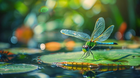 A dragonfly resting on a leaf by a pond, with transparent wings catching the sunlightの素材