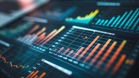 A close-up of a financial report with multiple graphs and charts, showing data analysis.の素材