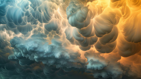 A close-up of mammatus clouds hanging low in the sky, resembling cotton balls against a stormy backdrop.の素材