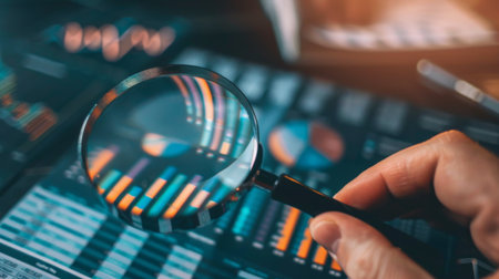 A hand holding a magnifying glass over a printed bar graph, focusing on detailed data points.の素材