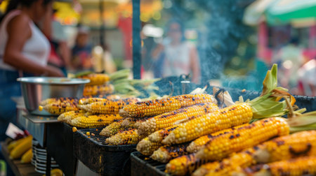 A food truck serving freshly grilled corn on the cob at a local festival, surrounded by happy customers.の素材
