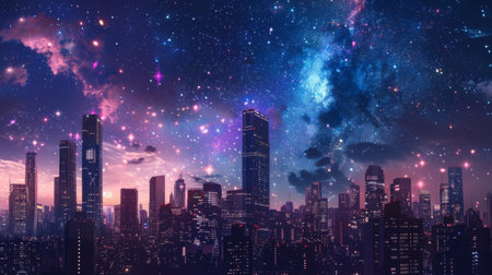 A cityscape with skyscrapers illuminated by city lights under a starry night sky.の素材