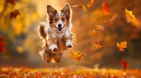 A dog jumping joyfully through a field of colorful autumn leaves during a brisk fall day.の素材