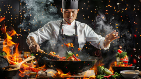A chef tossing ingredients in a wok, flames rising, capturing the dynamic cooking process of Thai cuisine.の素材