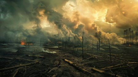 A deforested landscape with charred trees and smoke, highlighting the consequences of climate change.の素材