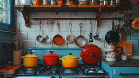 A cozy kitchen setup with colorful enamel pots hanging above a vintage gas stove, ready for cooking.の素材