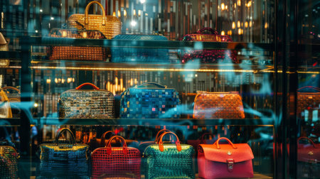 A collection of colorful clutch bags displayed in a boutique window with city lights reflecting.の素材