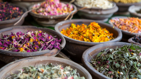A close-up of dried herbs and flowers used in Thai traditional medicine and herbal drinks.の素材