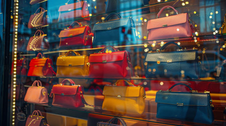 A collection of colorful clutch bags displayed in a boutique window with city lights reflecting.の素材
