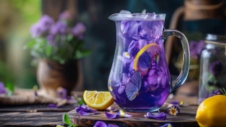 A glass pitcher of chilled butterfly pea flower tea, a popular Thai herbal drink, served with lemon slices.の素材