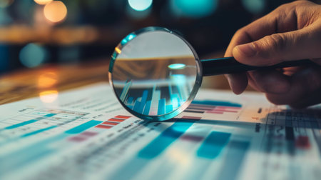 A hand holding a magnifying glass over a printed bar graph, focusing on detailed data points.の素材