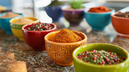 A collection of assorted spices in colorful bowls on a kitchen counter, showcasing their vibrant colors and textures.の素材