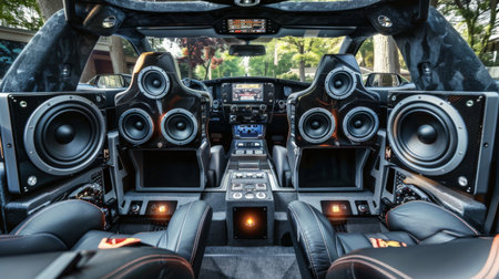 A custom-built car audio setup with multiple speakers and amplifiers for a concert-like experience.の素材