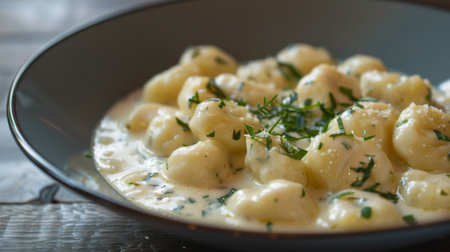A gourmet dish featuring delicate potato gnocchi in a creamy sauce, garnished with fresh herbs.の素材