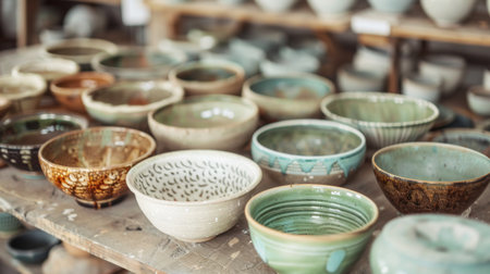 A collection of handcrafted ceramic bowls in various shapes and sizes on display at a pottery studio.の素材