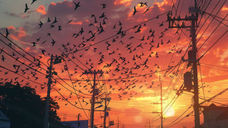A flock of birds flying in formation around power lines, showcasing the intersection of nature and human-made structures.の素材
