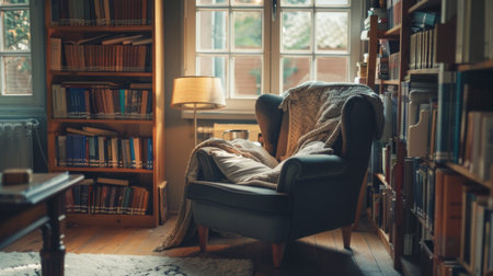 A cozy reading nook in a living room corner, with a comfortable armchair and a tall bookshelf filled with books.の素材