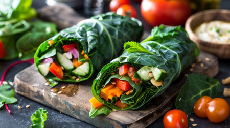 A healthy green wrap made with collard greens, filled with colorful vegetables and hummus.の素材
